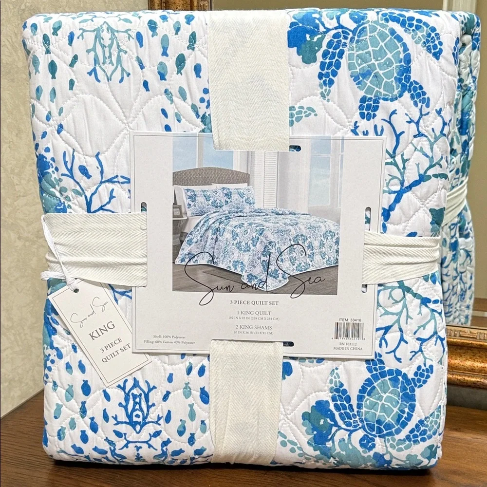 Blue and White Sun & Sea King 3 piece Quilt Set. Turtles and sea motif.